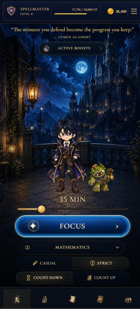 Lumen Academy focus screen showing a scholar, companion, subject and focus controls