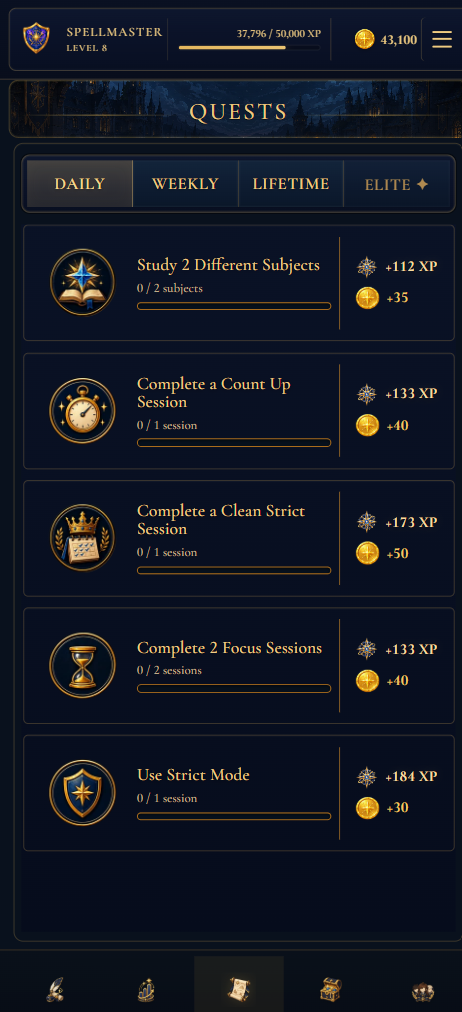 Lumen Academy daily quests with XP and coin rewards