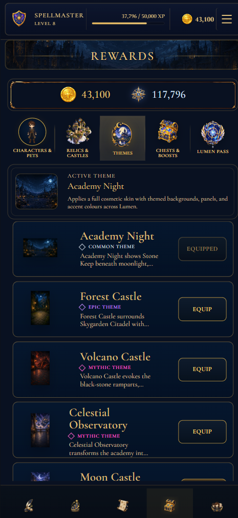 Lumen Academy rewards screen showing themes, relics and Lumen Pass